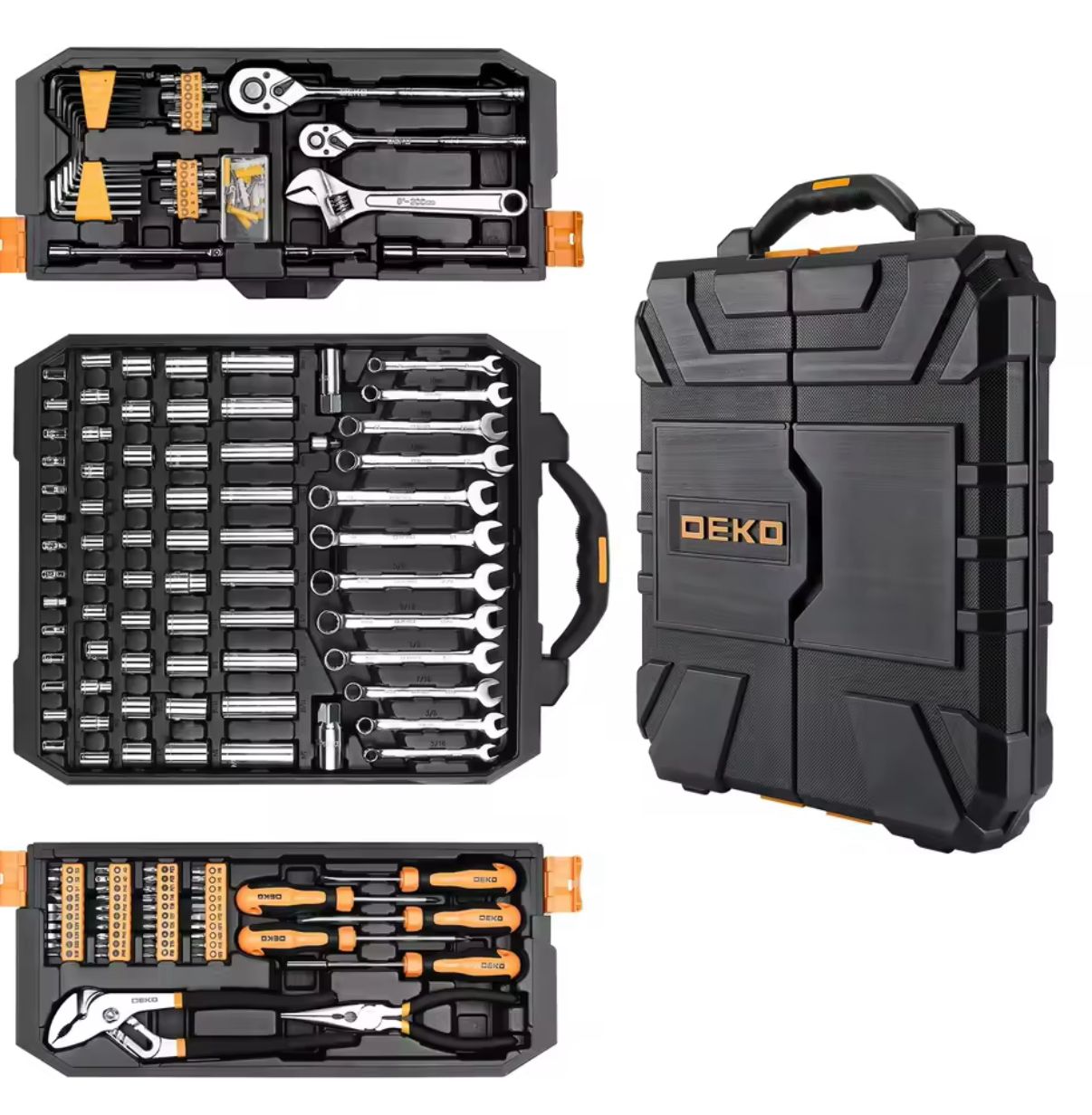 DEKO 192Pcs 198Pcs Professional Car Repair Tool Set Ratchet Spanner Screwdriver Socket Mechanics Tools Kit W/ Blow-Molding Box
